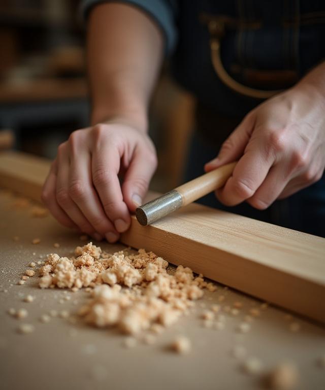 Dettaglio delle mani di un artigiano che lavora il legno con precisione in un laboratorio di mobili di lusso.