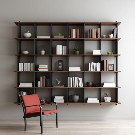 Libreria modulare a parete in legno di noce e metallo nero, collezione Torino, per organizzare con stile un ambiente moderno.